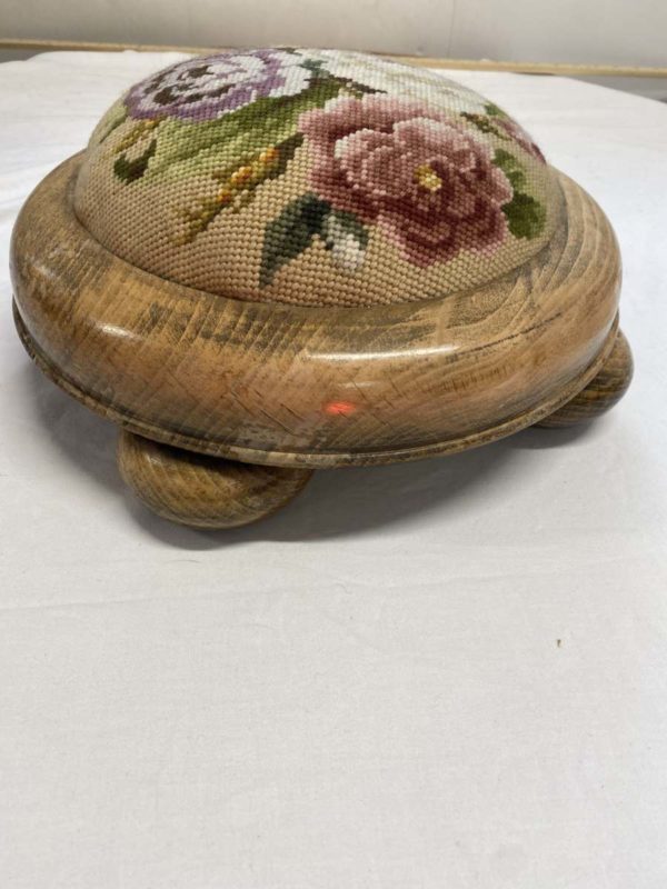 1012 – Vintage Small Round Beige Tapestry Footstool Made In Westcross (Collection Fforestfach) - Image 5