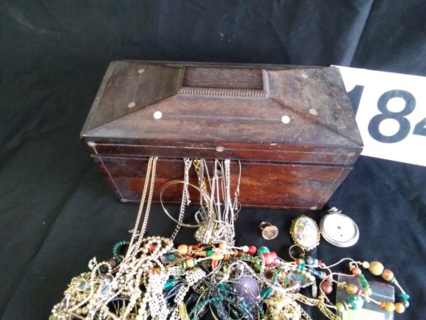 lot 184 antique Rosewood tea caddy containing costume jewellery - Image 4