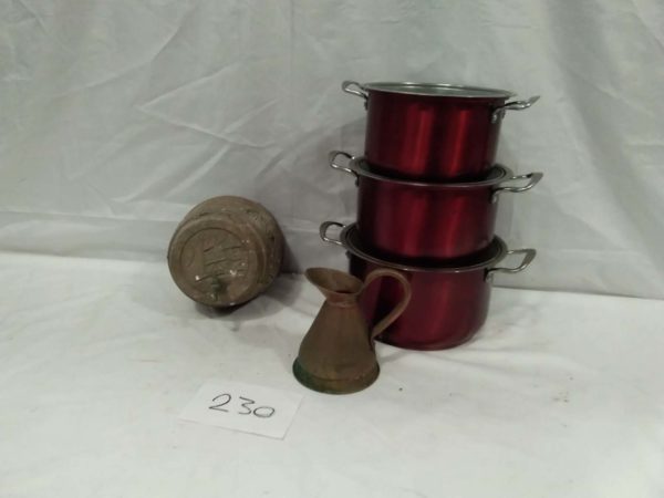 lot 230 sauce pans, copper jug, wooden barrel