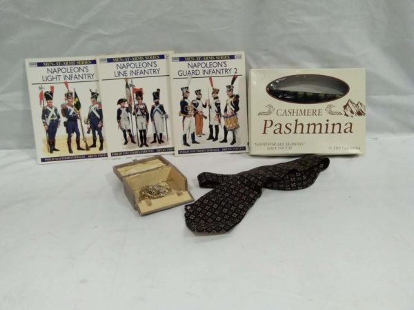 lot 241 cashmere pashmina, tie, military books, snake skin box & contents of costume jewellery