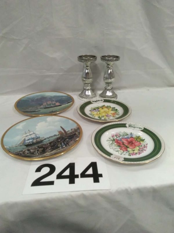 lot 244 pair of candlesticks & 4 x collectors plates