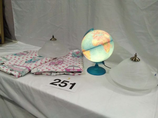 lot 251 globe lamp, pair of VW camper van curtains & a pair of glass uplighter ceiling lights