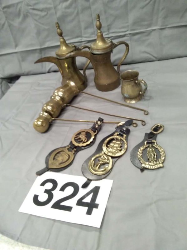 lot 324 horse brasses, brass spirit measures/ warmers, tea pots - Image 2