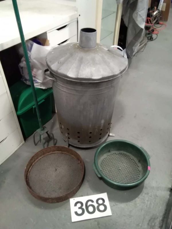 lot 368 incinerator ,sieves, gardening rotavator