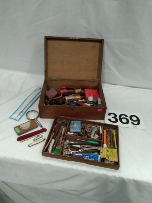 lot 369 mixed wooden of box including tools & pen knifes etc