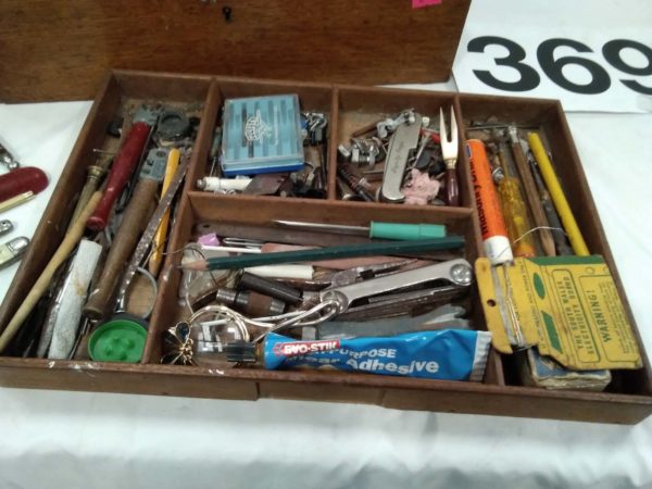 lot 369 mixed wooden of box including tools & pen knifes etc - Image 2