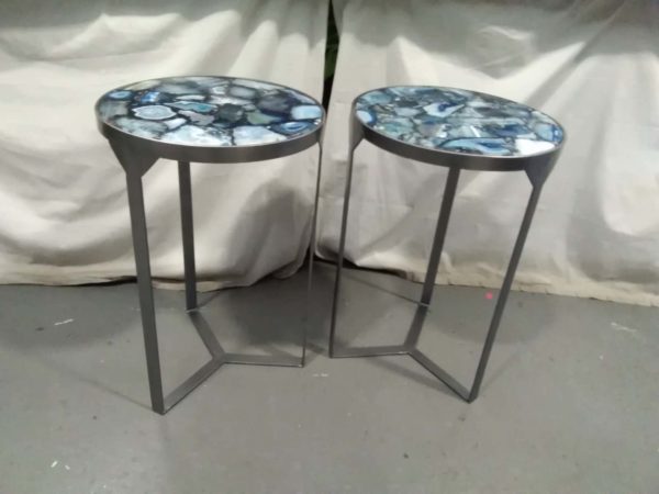 lot 394 pair of metal framed side tables with composite Blue agate tops