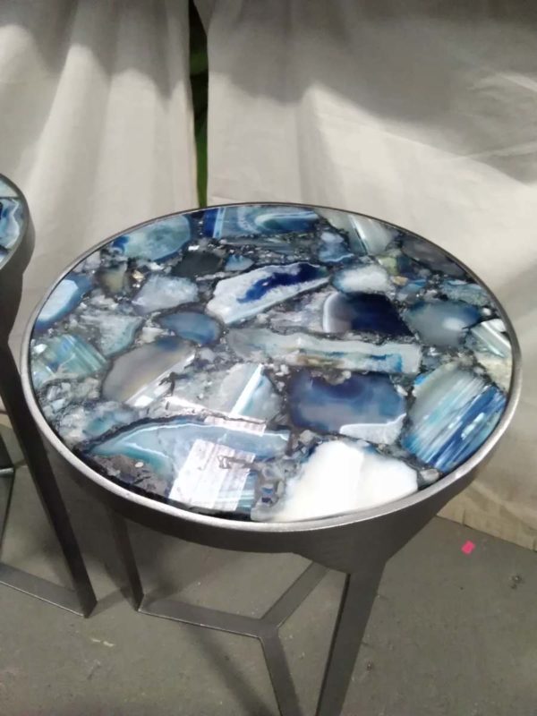 lot 394 pair of metal framed side tables with composite Blue agate tops - Image 3