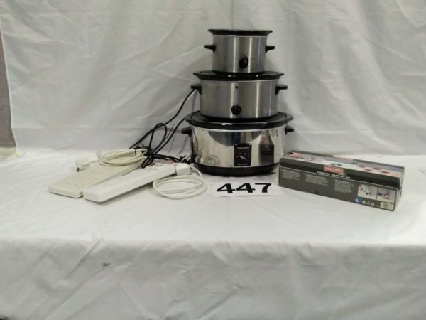 lot 447 3 x slow cookers, extension leads & furniture transport set