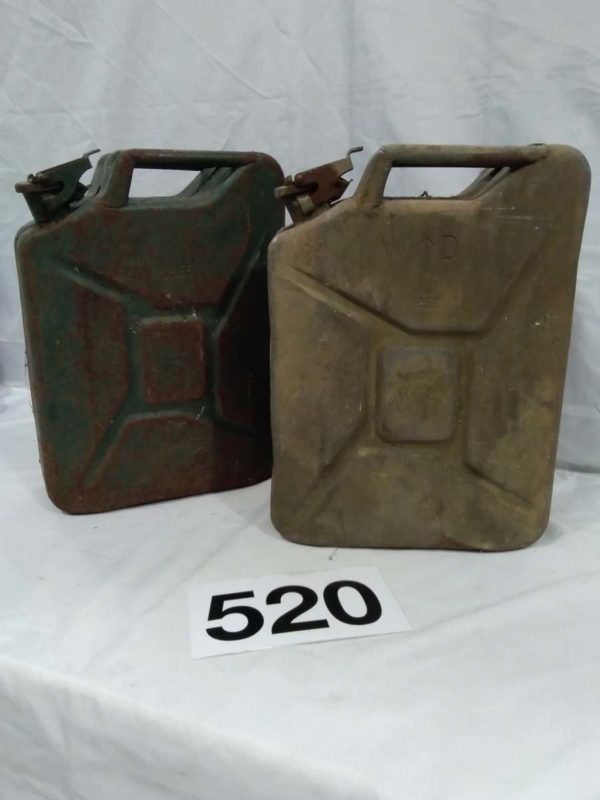 lot 520 x2 large 20l vintage jerry cans dated 1955 & Military marked 1952