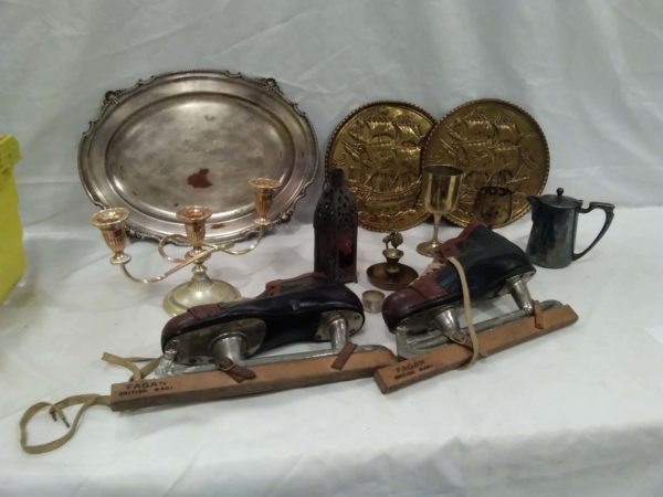 lot 531 mixed metal ware & vintage ice skates